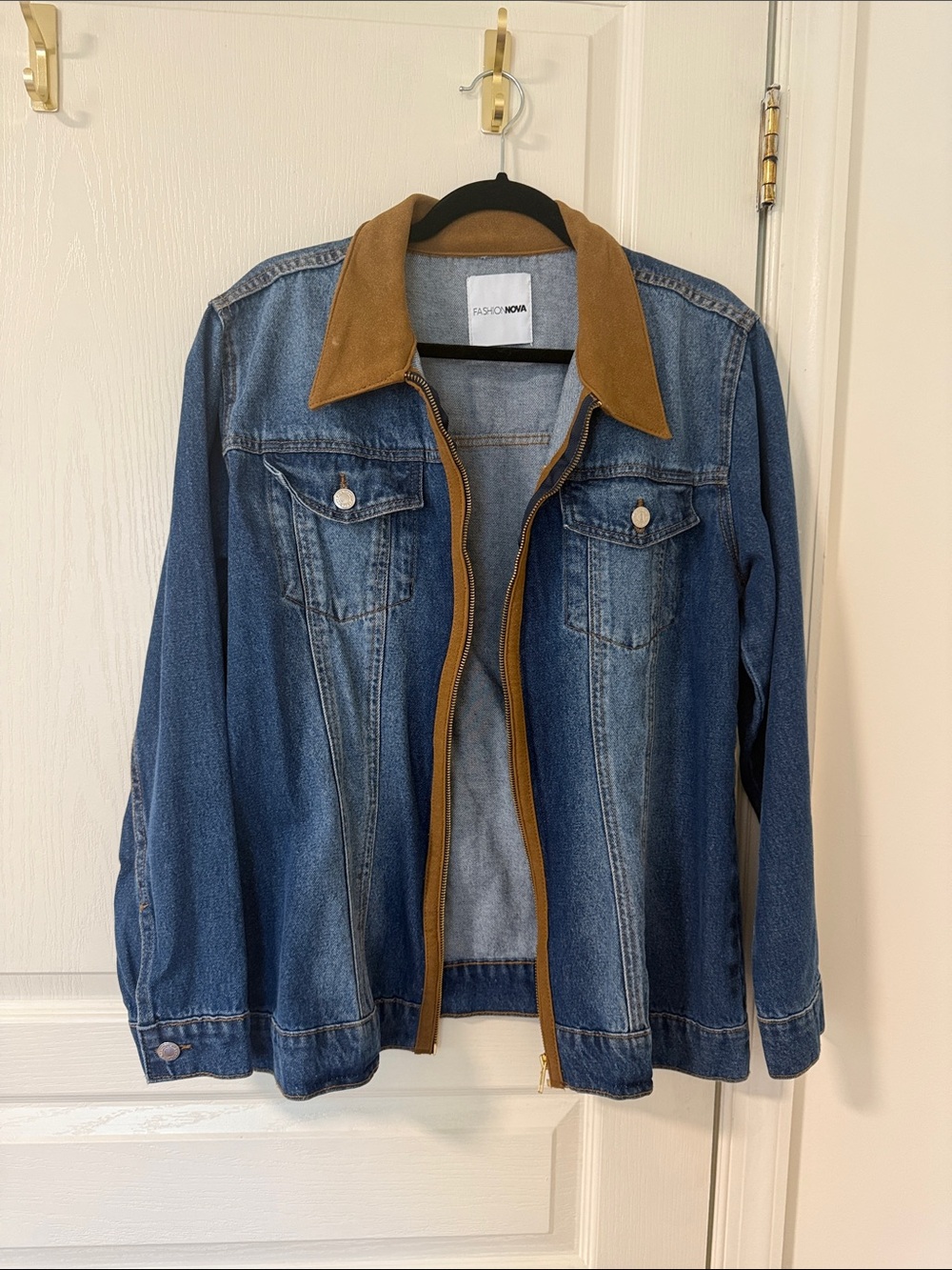 Fashion Nova Blue Denim Jacket with Brown Collar Trim